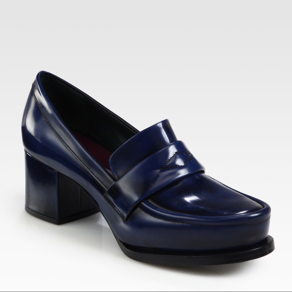 Jil Sander Blue Leather Block Heeled Loafers - Picture 1 of 14